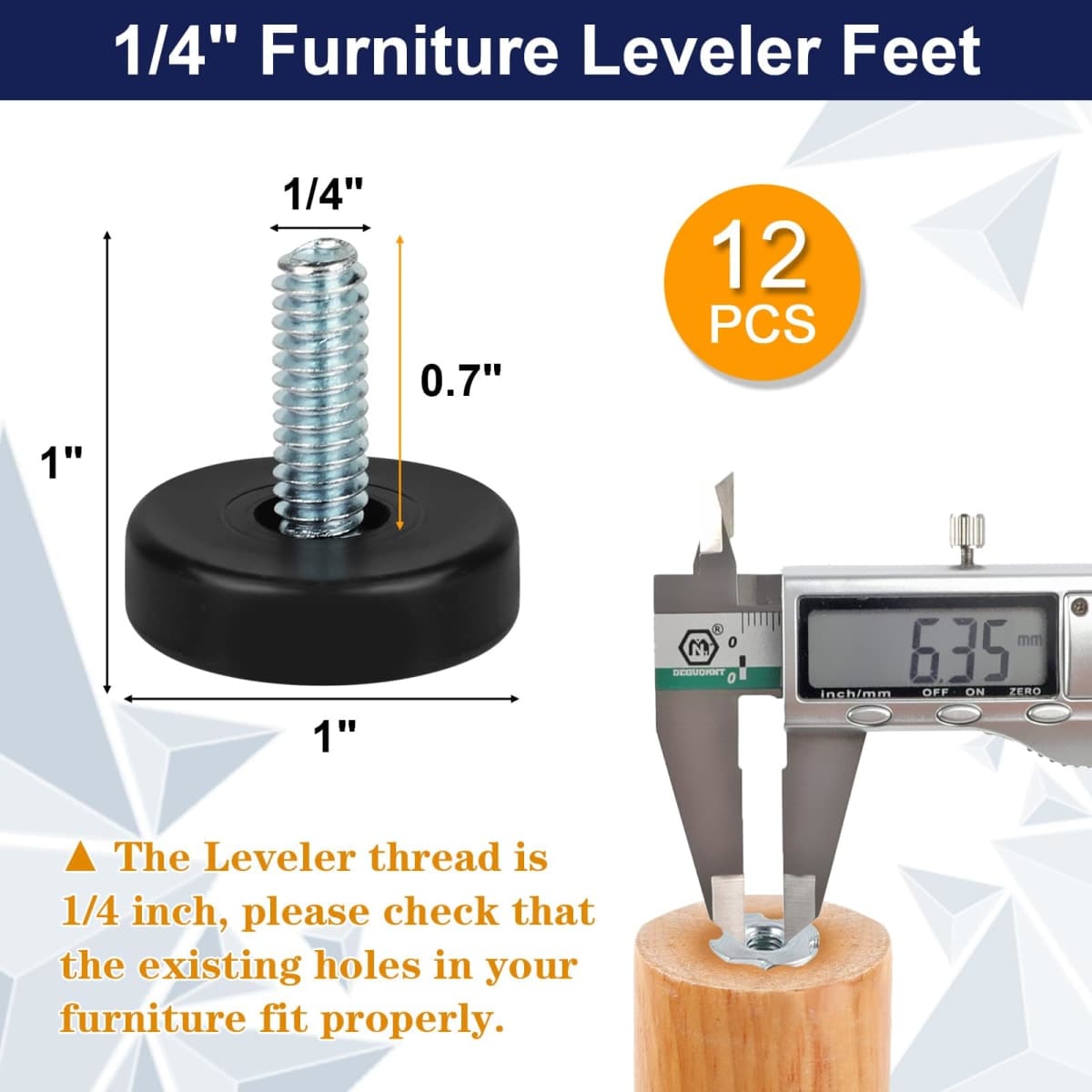 1/4" Thread Furniture Feet Levelers, 12 PCS Adjustable Furniture Feet Threaded Screw in, Leveling Feet Screw On Furniture Glide Leveling for Table, Cabinets, Chairs, Stool Legs thumbnail 2
