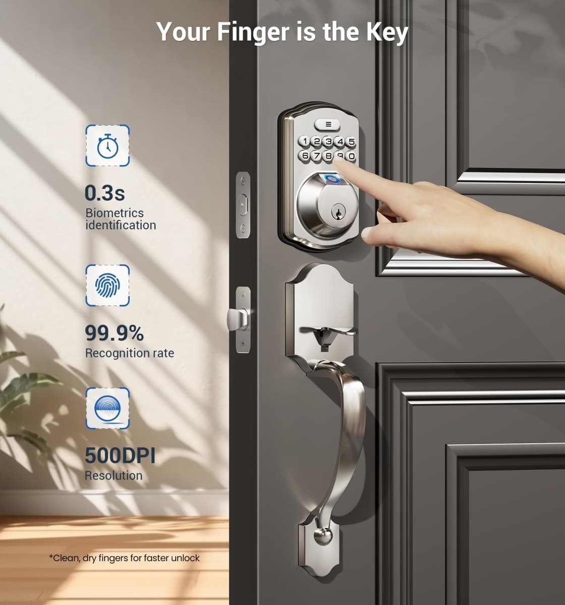 Veise Fingerprint Door Lock Set, Keyless Entry Door Lock, Front Handle Set, Electronic Keypad Deadbolt with Lever Handle, 2 Keys, Auto-Locking, One-time Codes, Easy to Install, Satin Nickel thumbnail 2