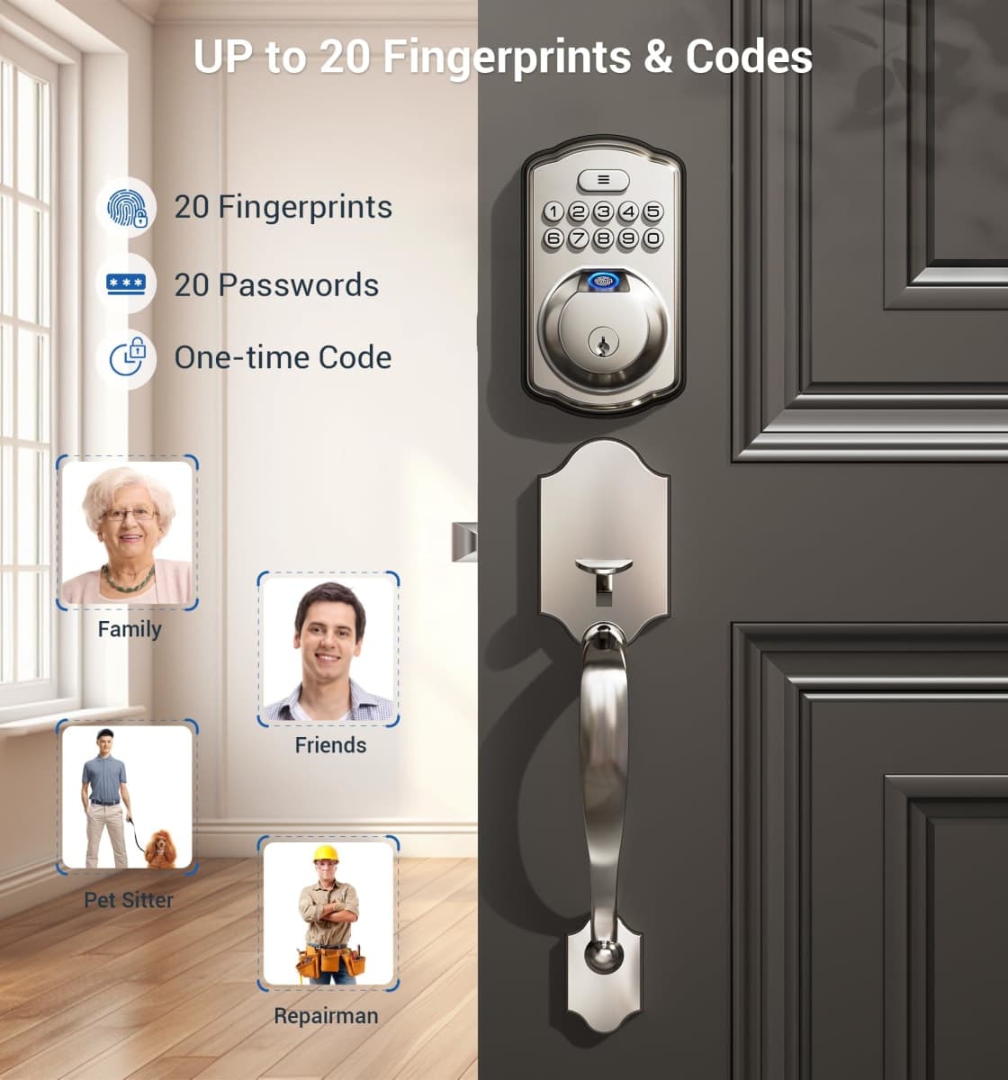 Veise Fingerprint Door Lock Set, Keyless Entry Door Lock, Front Handle Set, Electronic Keypad Deadbolt with Lever Handle, 2 Keys, Auto-Locking, One-time Codes, Easy to Install, Satin Nickel thumbnail 3