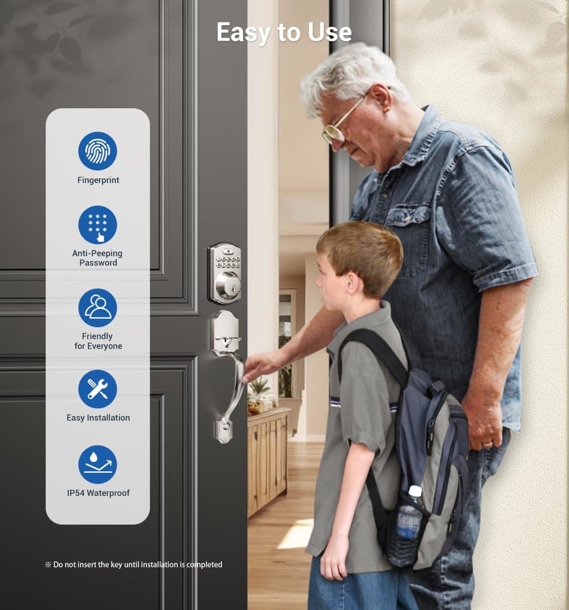Veise Fingerprint Door Lock Set, Keyless Entry Door Lock, Front Handle Set, Electronic Keypad Deadbolt with Lever Handle, 2 Keys, Auto-Locking, One-time Codes, Easy to Install, Satin Nickel thumbnail 5