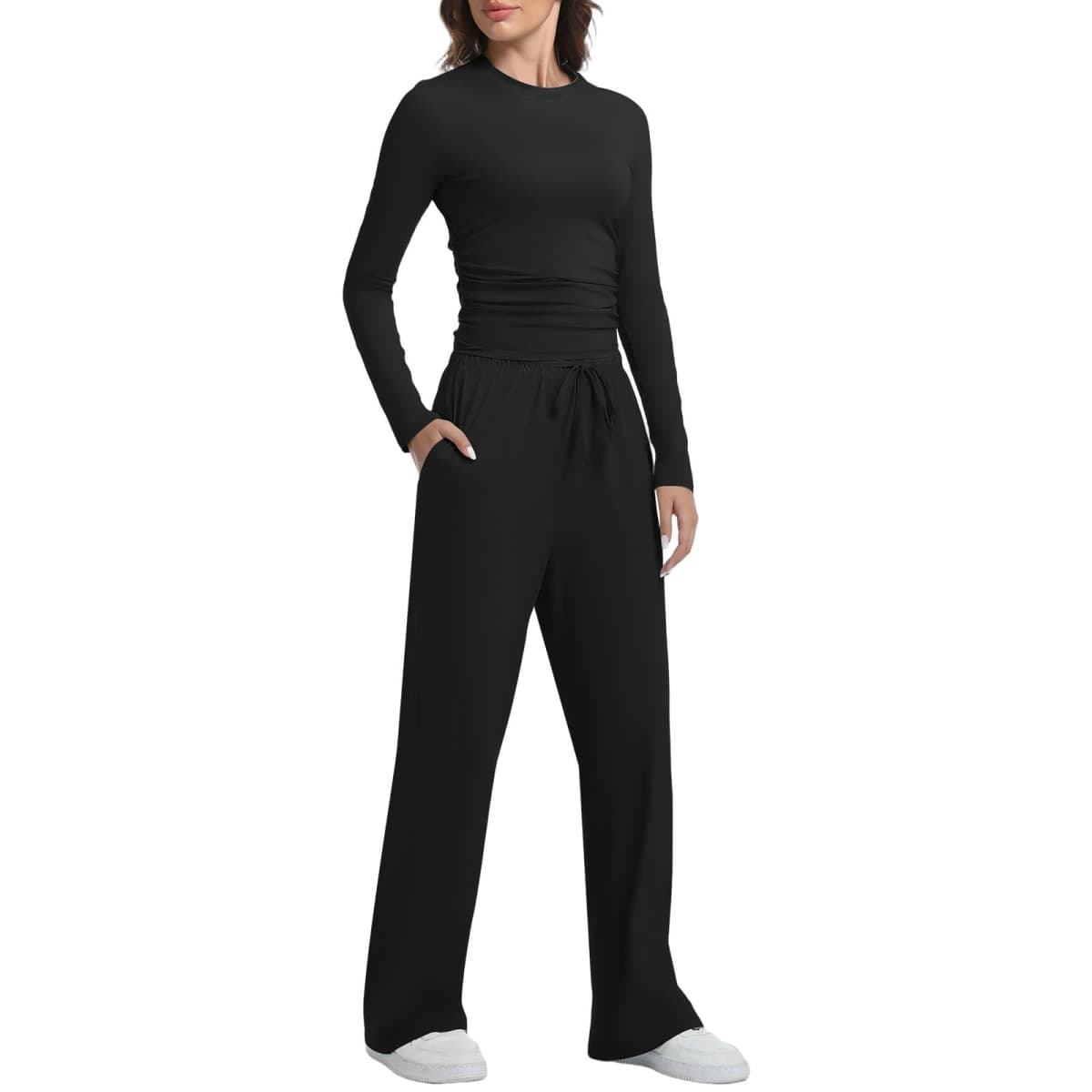 2 Piece Lounge Sets for Women Fall Outfits Long Sleeve Wide Leg Tracksuits Womens Two Pcs Casual Matching Loungewear Set (Black, XX-Large) thumbnail 2