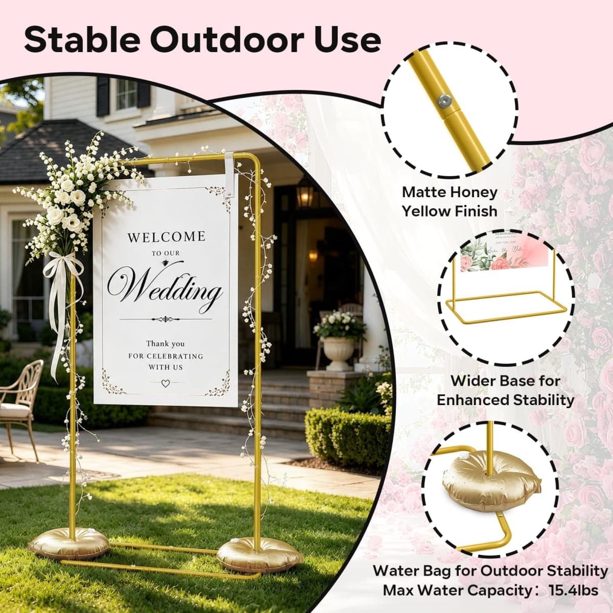GOJAWAY 68" Honey Yellow Welcome Wedding Sign Stand, 2 Water Bags & Straps thumbnail 3