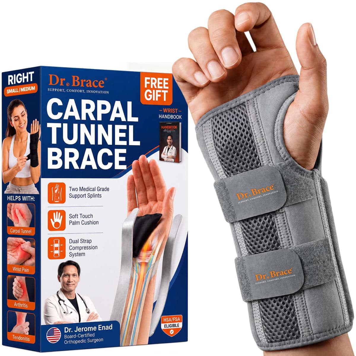 DR. BRACE Adjustable Wrist Brace Night Support for Carpal Tunnel, FSA & HSA Eligible, Doctor Developed, Upgraded with Double Splint & Therapeutic Cushion, Hand Brace for Pain Relief, Injuries, Sprains (S/M Right Hand, Grey) — image 1