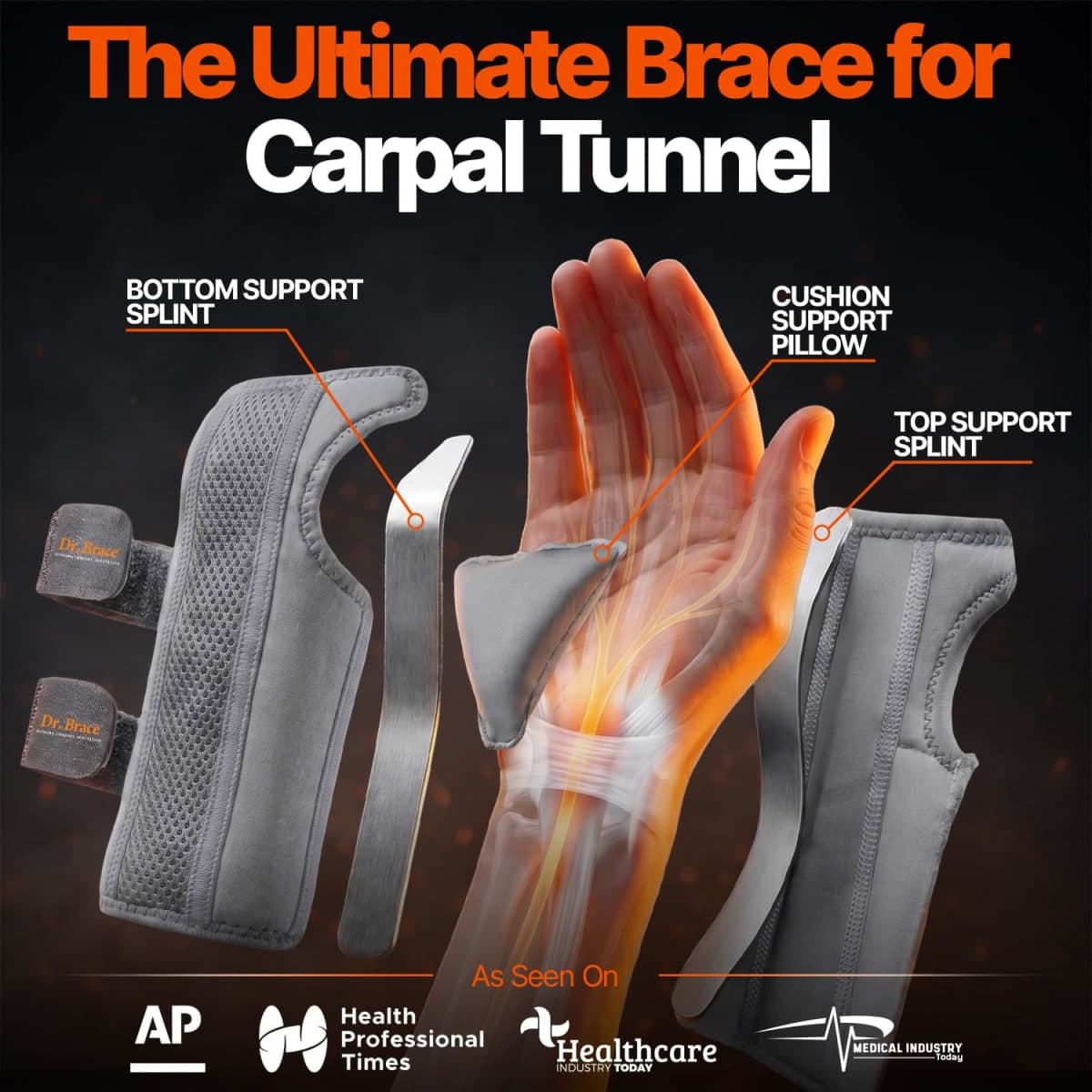 DR. BRACE Adjustable Wrist Brace Night Support for Carpal Tunnel, FSA & HSA Eligible, Doctor Developed, Upgraded with Double Splint & Therapeutic Cushion, Hand Brace for Pain Relief, Injuries, Sprains (S/M Right Hand, Grey) thumbnail 2