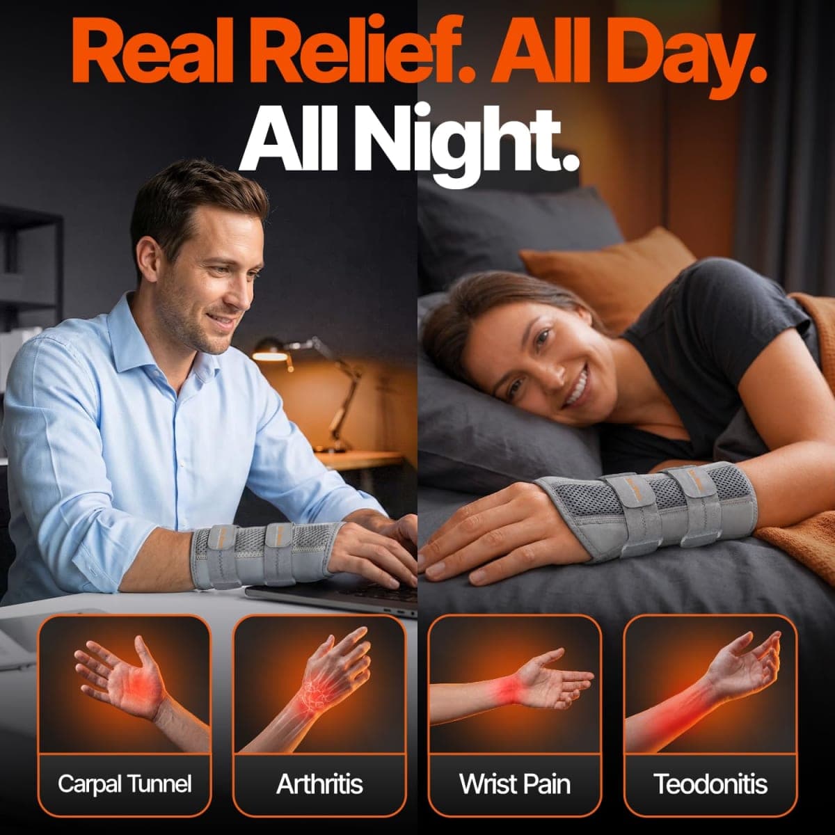 DR. BRACE Adjustable Wrist Brace Night Support for Carpal Tunnel, FSA & HSA Eligible, Doctor Developed, Upgraded with Double Splint & Therapeutic Cushion, Hand Brace for Pain Relief, Injuries, Sprains (S/M Right Hand, Grey) thumbnail 3