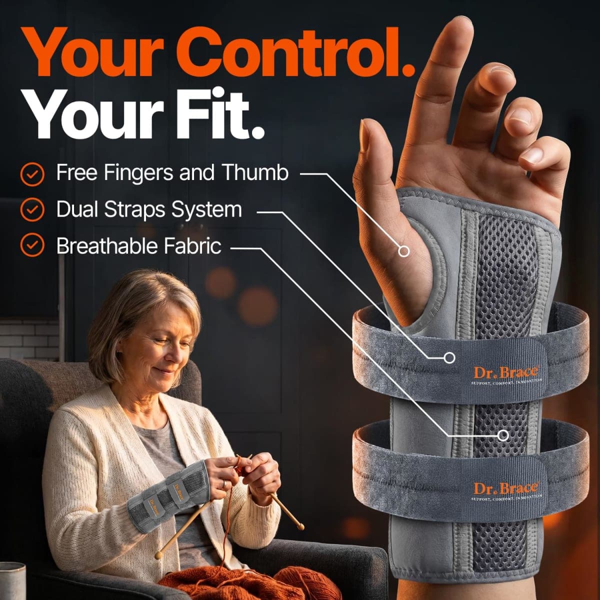 DR. BRACE Adjustable Wrist Brace Night Support for Carpal Tunnel, FSA & HSA Eligible, Doctor Developed, Upgraded with Double Splint & Therapeutic Cushion, Hand Brace for Pain Relief, Injuries, Sprains (S/M Right Hand, Grey) thumbnail 5