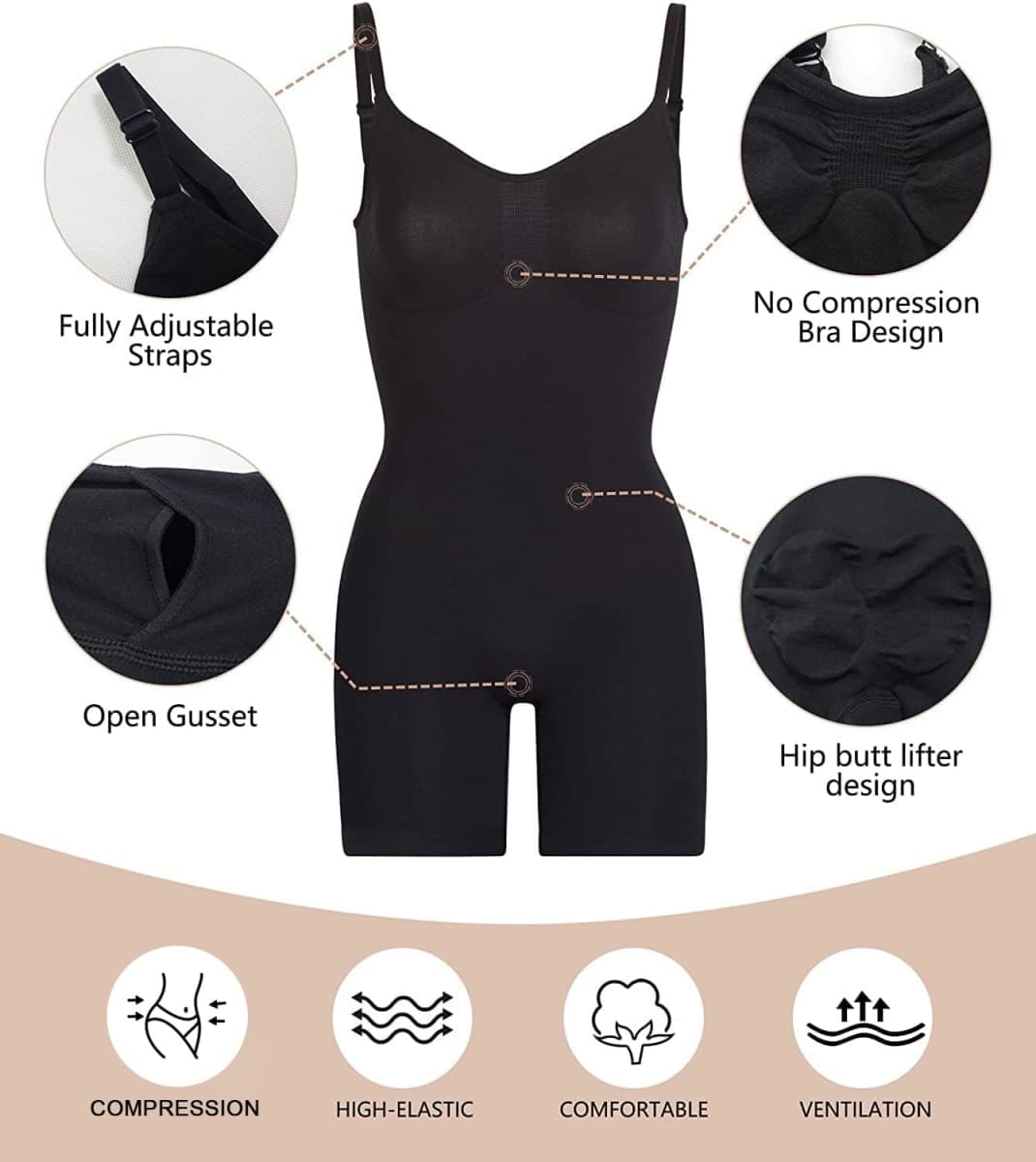 SHAPERX Women's Shapewear Bodysuit Tummy Control Body Shaper Seamless Sculpting Snatched Waist Body Suit，SZ5218-2-Black-2XL/3XL thumbnail 3