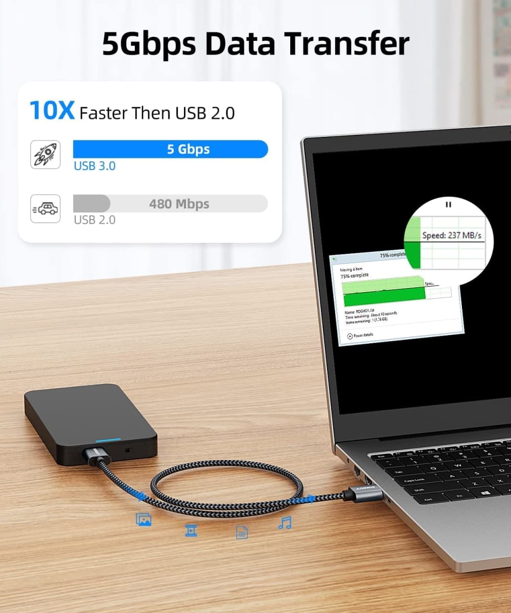 SUNGUY Short USB 3.0 Cable, 1FT USB Type A Male to Type A Male, Transfer Rate Up to 5Gbps Cable Compatible with Printers, Modems, Hard Drives, Cameras, HDD, DVD, Laptops, etc. thumbnail 2
