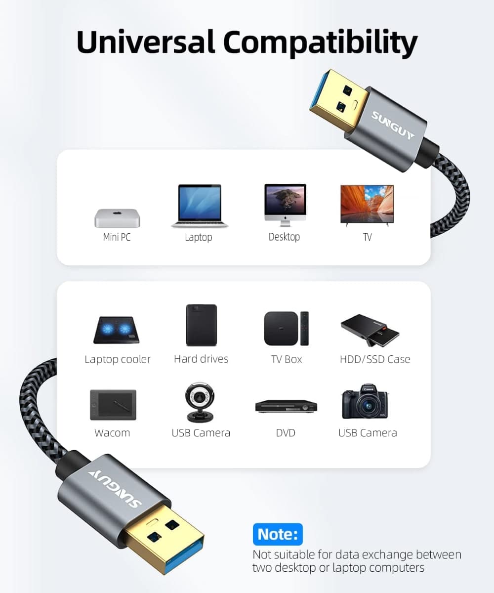 SUNGUY Short USB 3.0 Cable, 1FT USB Type A Male to Type A Male, Transfer Rate Up to 5Gbps Cable Compatible with Printers, Modems, Hard Drives, Cameras, HDD, DVD, Laptops, etc. thumbnail 5