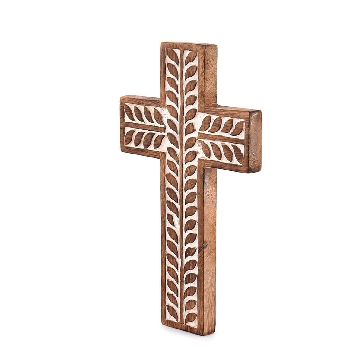 NIRMAN Mango Wood Catholic Religious Cross Wall Hanging Floral Sculptures Living Room Home Decor for Entryway Office Living Room (10 x 6 x 0.7 inches) thumbnail 2
