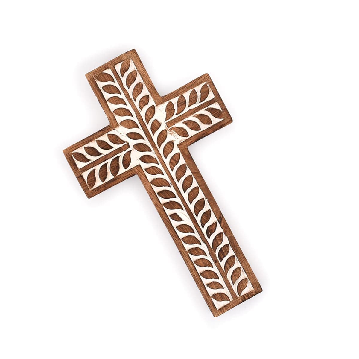 NIRMAN Mango Wood Catholic Religious Cross Wall Hanging Floral Sculptures Living Room Home Decor for Entryway Office Living Room (10 x 6 x 0.7 inches) thumbnail 3