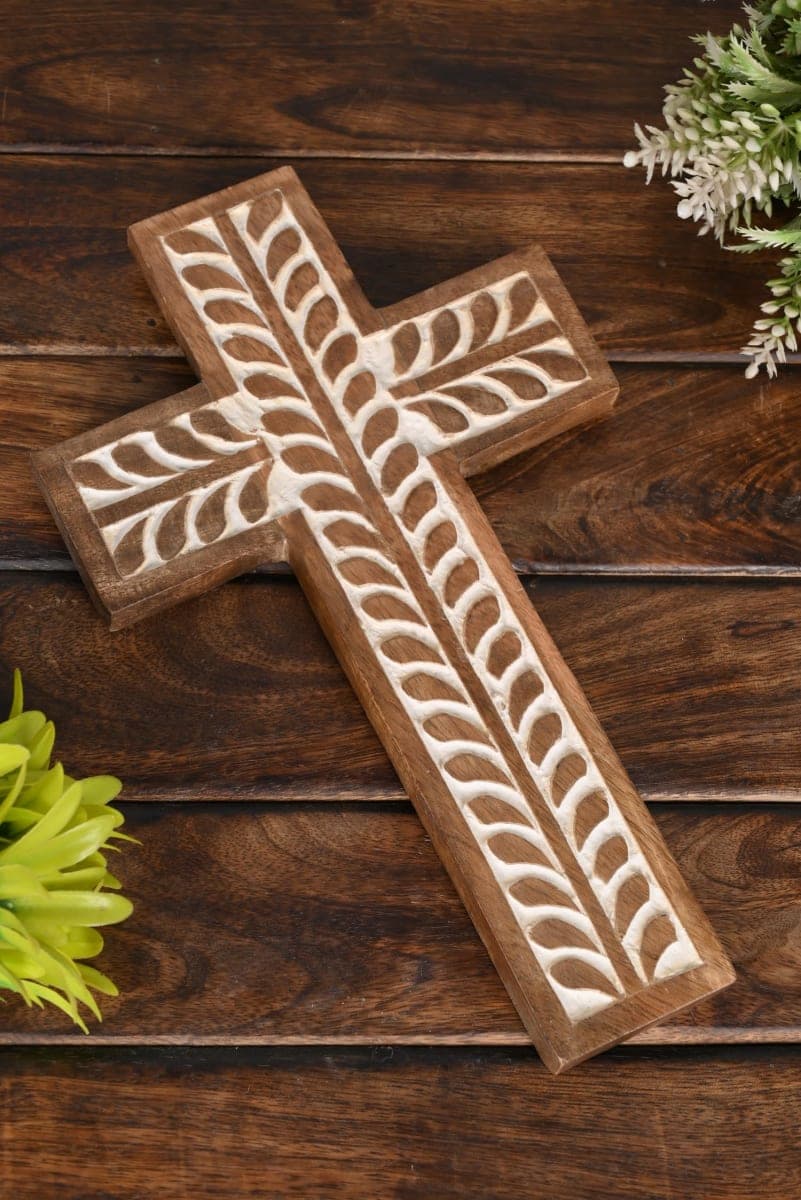 NIRMAN Mango Wood Catholic Religious Cross Wall Hanging Floral Sculptures Living Room Home Decor for Entryway Office Living Room (10 x 6 x 0.7 inches) thumbnail 5