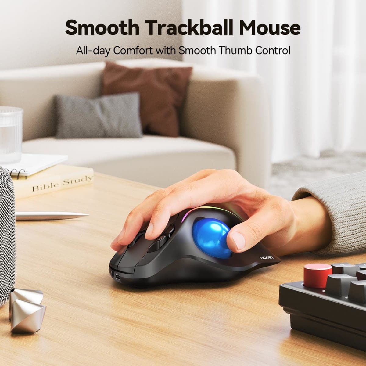 TECKNET Pro Wireless Trackball Mouse, Bluetooth Mouse with Ergonomic Thumb Control, USB-C Rechargeable, RGB Light Mice with Adjustable DPI, 3-Device Connectivity (BT or 2.4G),for PC/Mac/Laptop-RGB thumbnail 2
