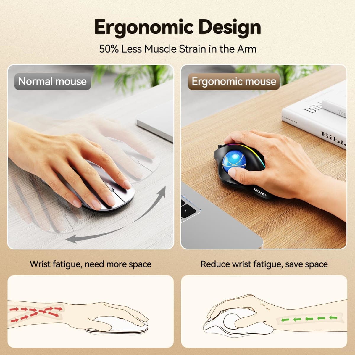 TECKNET Pro Wireless Trackball Mouse, Bluetooth Mouse with Ergonomic Thumb Control, USB-C Rechargeable, RGB Light Mice with Adjustable DPI, 3-Device Connectivity (BT or 2.4G),for PC/Mac/Laptop-RGB thumbnail 3