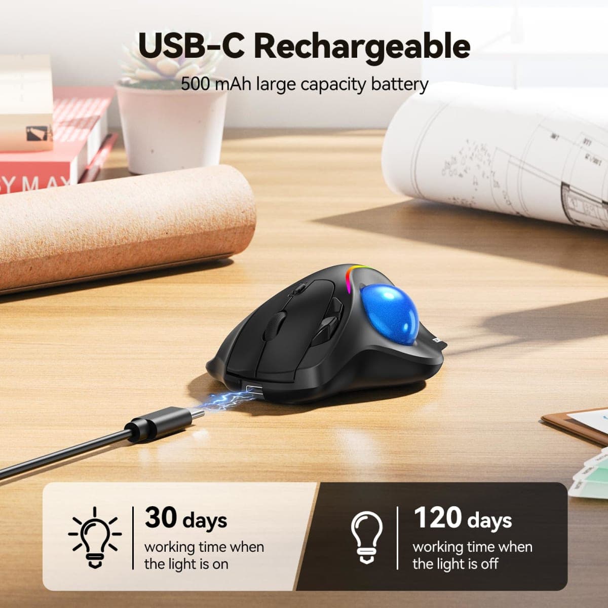TECKNET Pro Wireless Trackball Mouse, Bluetooth Mouse with Ergonomic Thumb Control, USB-C Rechargeable, RGB Light Mice with Adjustable DPI, 3-Device Connectivity (BT or 2.4G),for PC/Mac/Laptop-RGB thumbnail 5