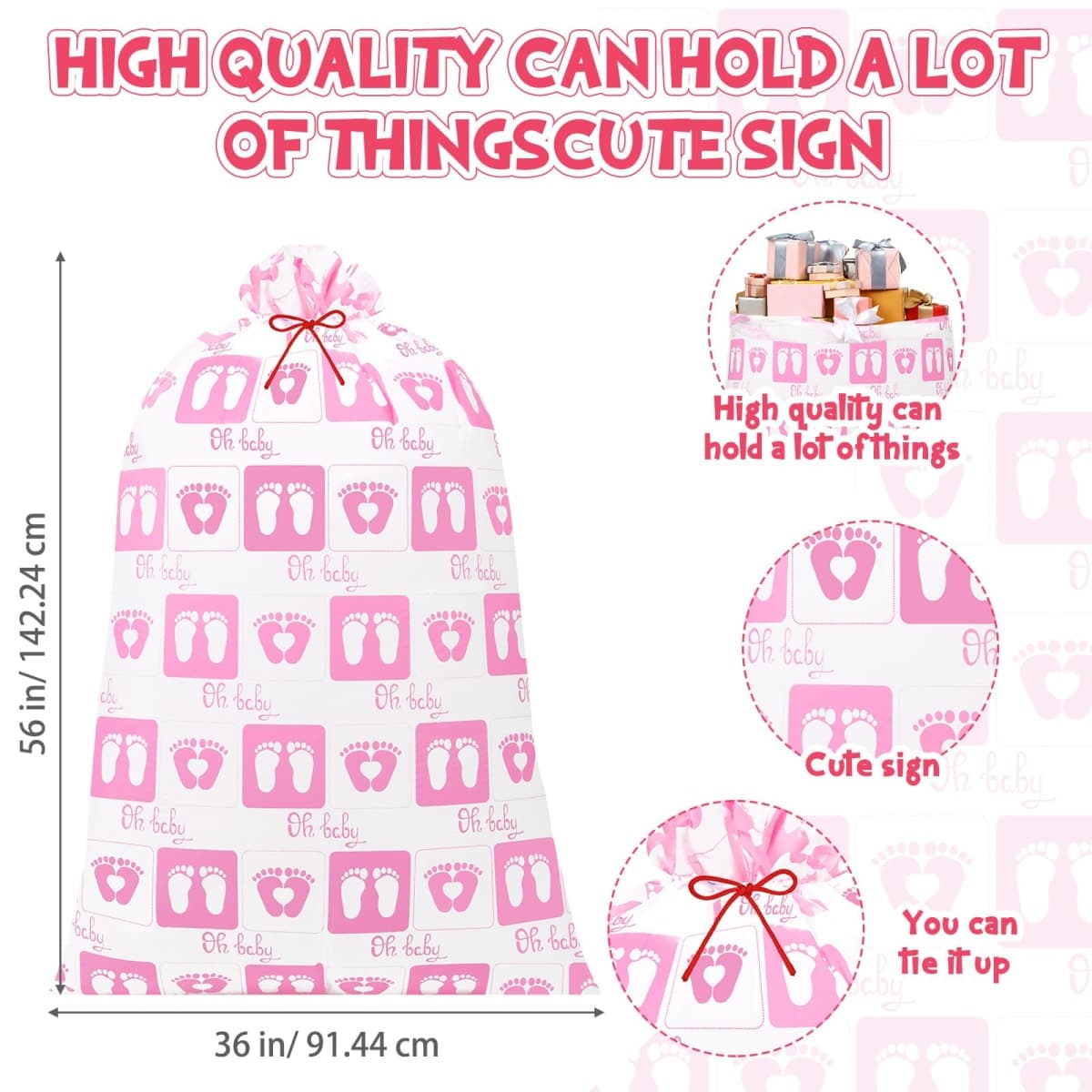 Zonon 3 Pcs Extra Large Baby Shower Bags Gift Jumbo Large Gift Bag Storage Oversized Plastic Gender Reveal Storage Wrap for Birthday Holiday Party Favors, 56" x 36"(Pink Footprint) thumbnail 2