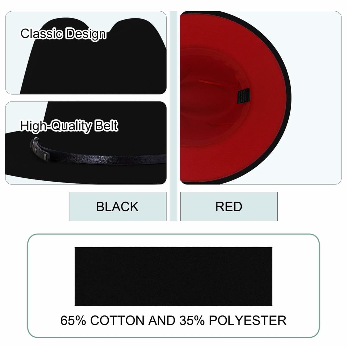 Wide Brim Fedora Hats for Women Men Two Tone Dress Hat Felt Panama Hat in Two Audlt Size, Black & Red, Large-X-Large thumbnail 3