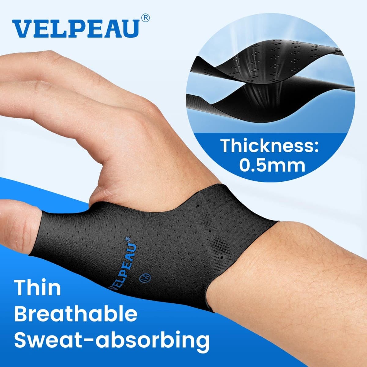 Velpeau Thumb Compression Sleeve for Tendonitis (Pack of 2), Seamless Technology, Gloves Wraps for Arthritis Pain Relief for Women & Men, Splint Liner, Fits Both Hands (Black, Short Version, M) thumbnail 3