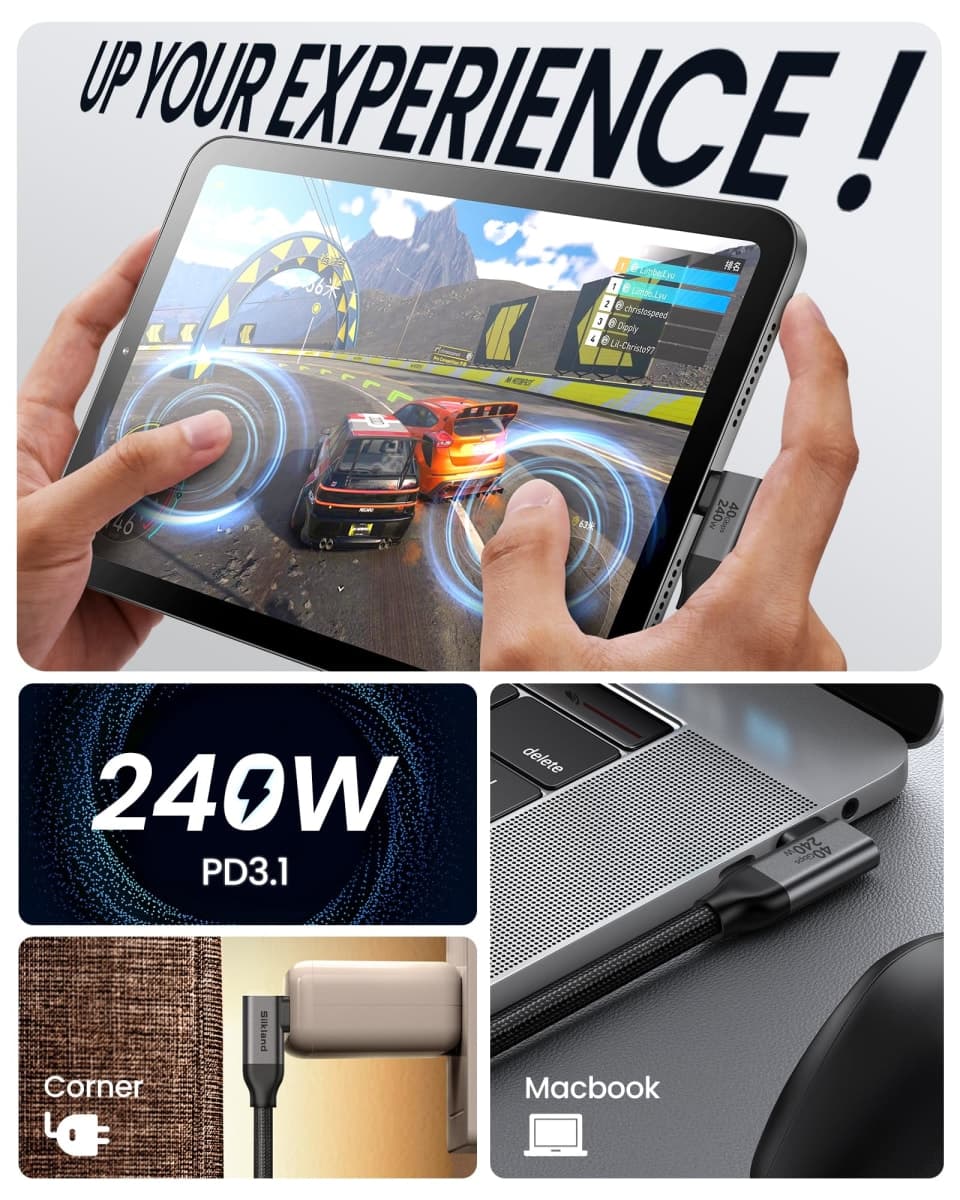 Silkland Long Right Angle [10FT/3M] USB 4 Cable for Thunderbolt 4, 20Gbps Data Sync, 5K/4K@60Hz, 240W Charging, 90 Degree USB C Thunderbolt Cable, Compatible for MacBook, iPhone 17, iPad, SSD, Dock thumbnail 5