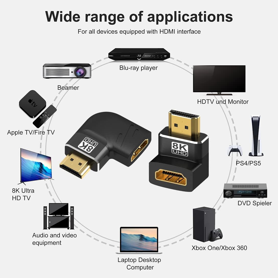 Warmstor 8K HDMI Adapter Right Angle 4 Pack, HDMI 2.1 Male to Female Adapters Up Down Left Right 270 90 Degree Adapter Gold Plated Support 8K@60Hz, 4K@120Hz, HDR, eARC for HDTV Switch Laptop PS4 PS5 thumbnail 5