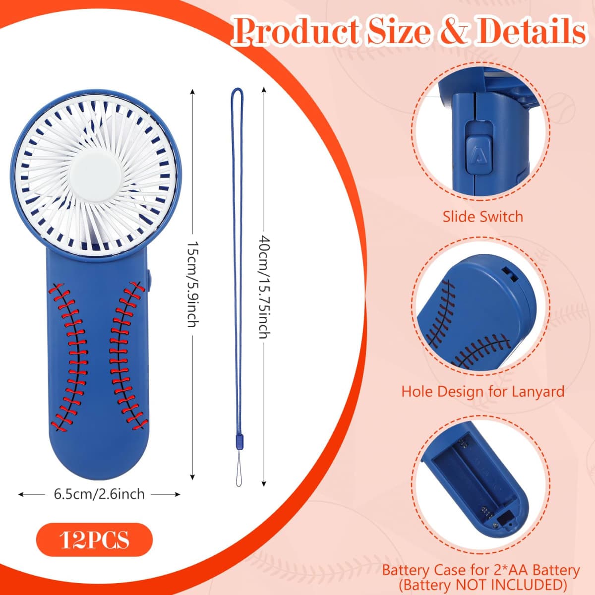 Honoson 12 Pcs Mini Portable Baseball Fan Bulk Small Personal Handheld Fan with Lanyard for Team Gift Game Outdoor Sport Party Favors, Battery Not Include(Deep Blue) thumbnail 2