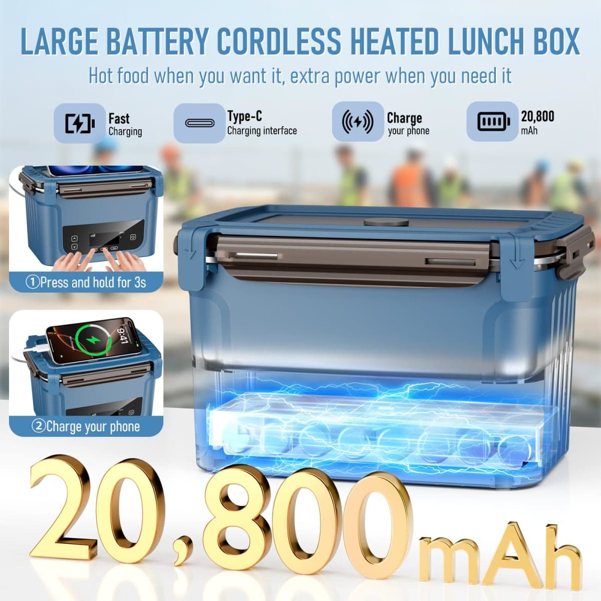 GALOKEO 2026 Upgraded Cordless Electric Lunch Box for Adults, 20,800mAh Battery-Powered Heated Lunch box, 6.3 Cup Self-Heating Lunch Box for Construction, Work & Truck thumbnail 3