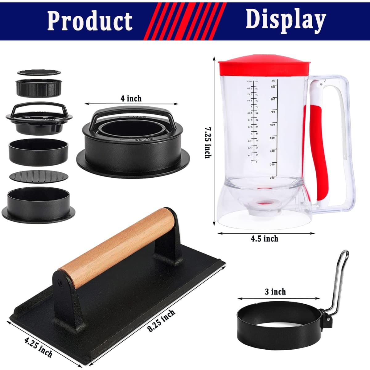 Breakfast Kit for Blackstone Grill, 7 Piece Griddle Accessories Set - Including Pancake Batter Dispenser, Bacon Press, Egg Rings, Hamburger Press Patty Maker thumbnail 2