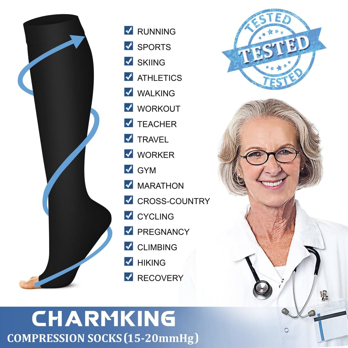 CHARMKING 3 Pairs Open Toe Compression Socks for Women & Men Circulation 15-20 mmHg is Best Support for All Day Wear, 01 Balck/Black/Black, Small-Medium thumbnail 5