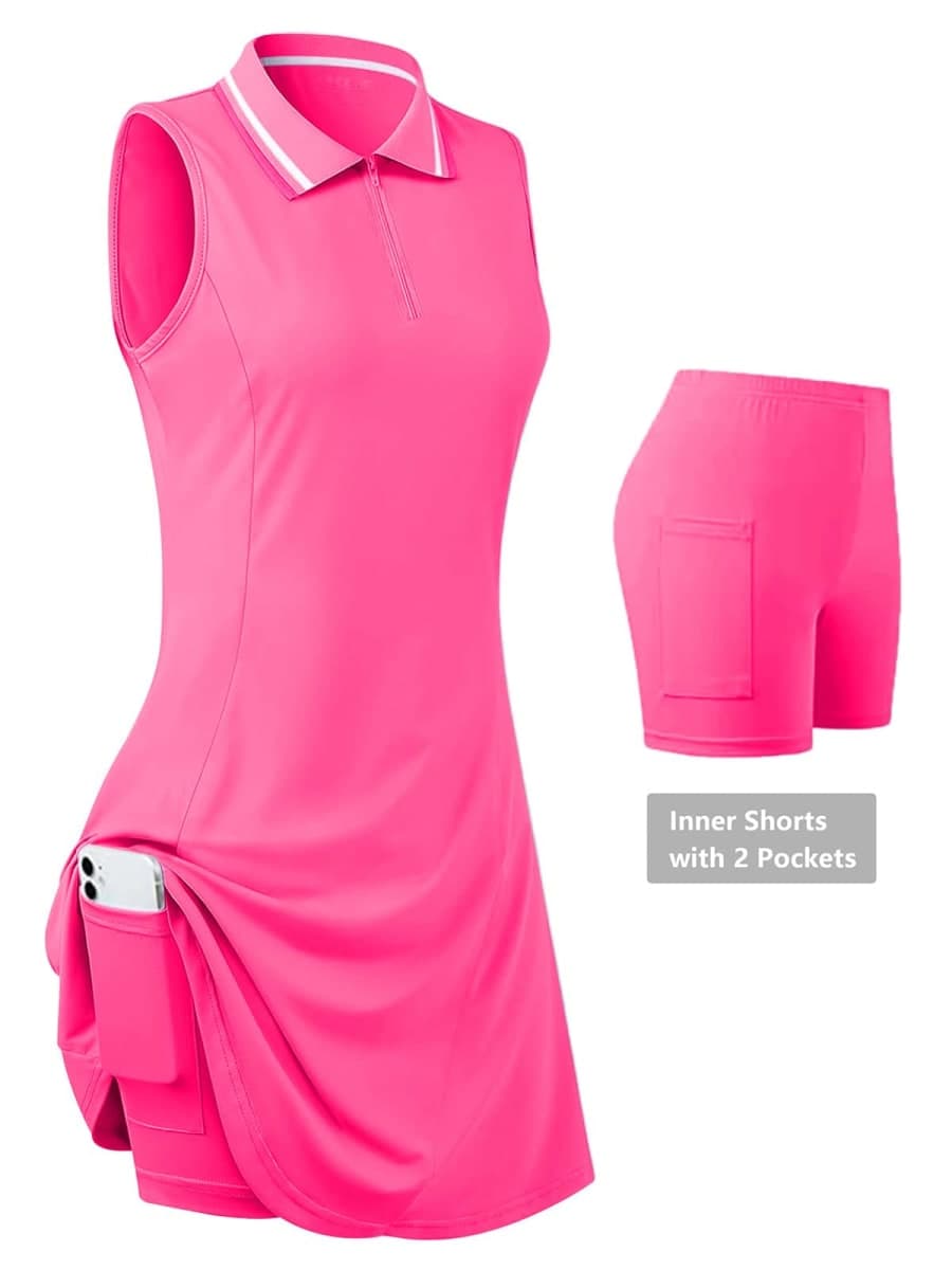FREEYE Womens Sleeveless Golf Tennis Dresses with Inner Shorts＆Pockets for Workout Exercise, Pink, Large thumbnail 4