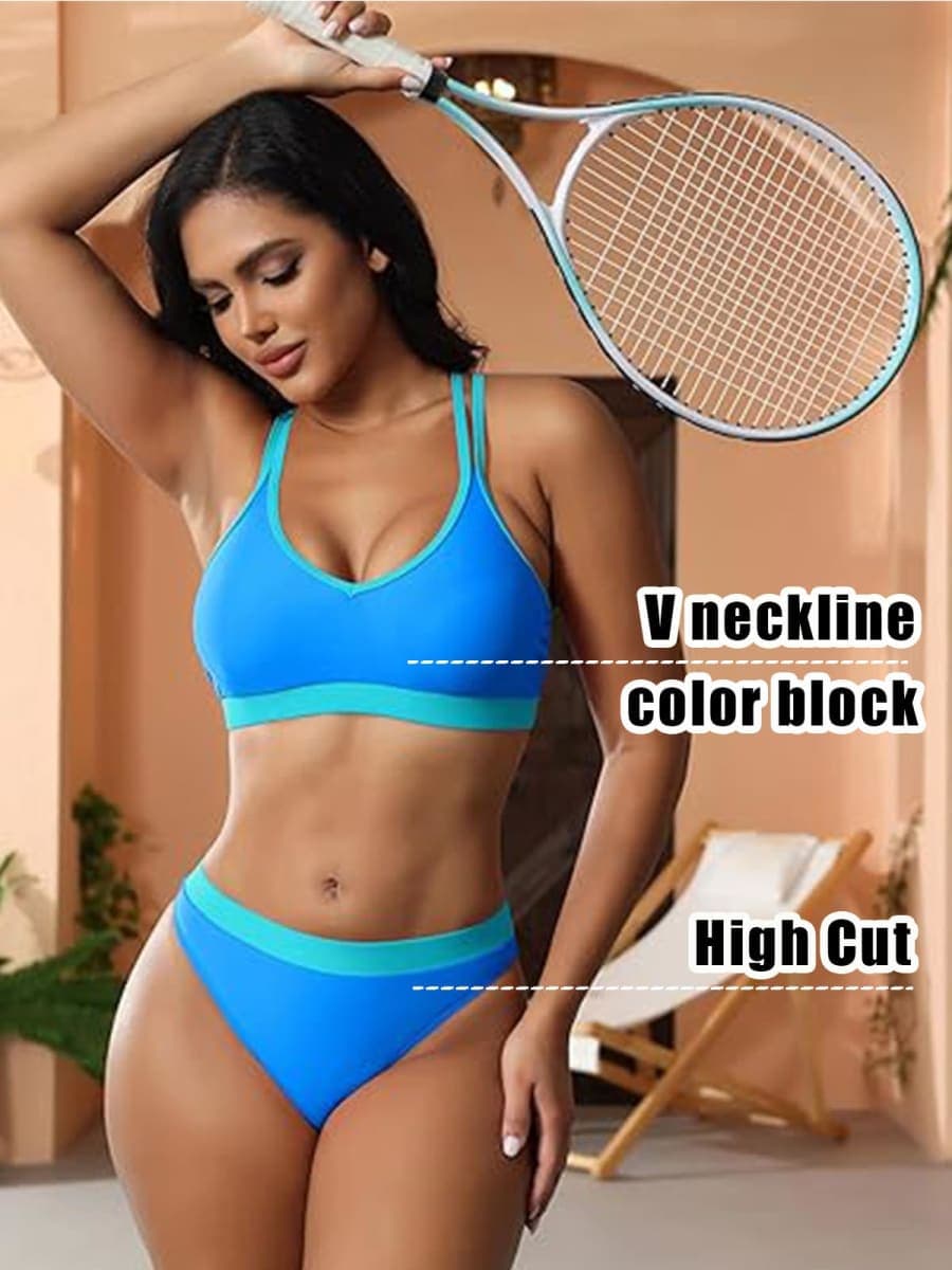 YELAIVP Women's Racerback Athletic Bikini Set Color Block Sexy Two Piece Swimsuit High Waisted High Cut 2026 Trendy Swimwear, 246 Sky Blue and Cyan, Large thumbnail 4