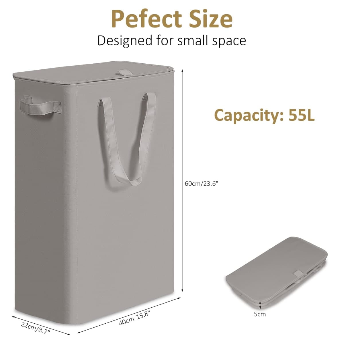 efluky Slim Laundry Basket with Lid, Narrow Laundry Hamper with Handles, Collapsible Dirty Clothes Hamper, Tall Laundry Bin for Laundry Room, Dorm and Bedroom, 55L Grey thumbnail 2