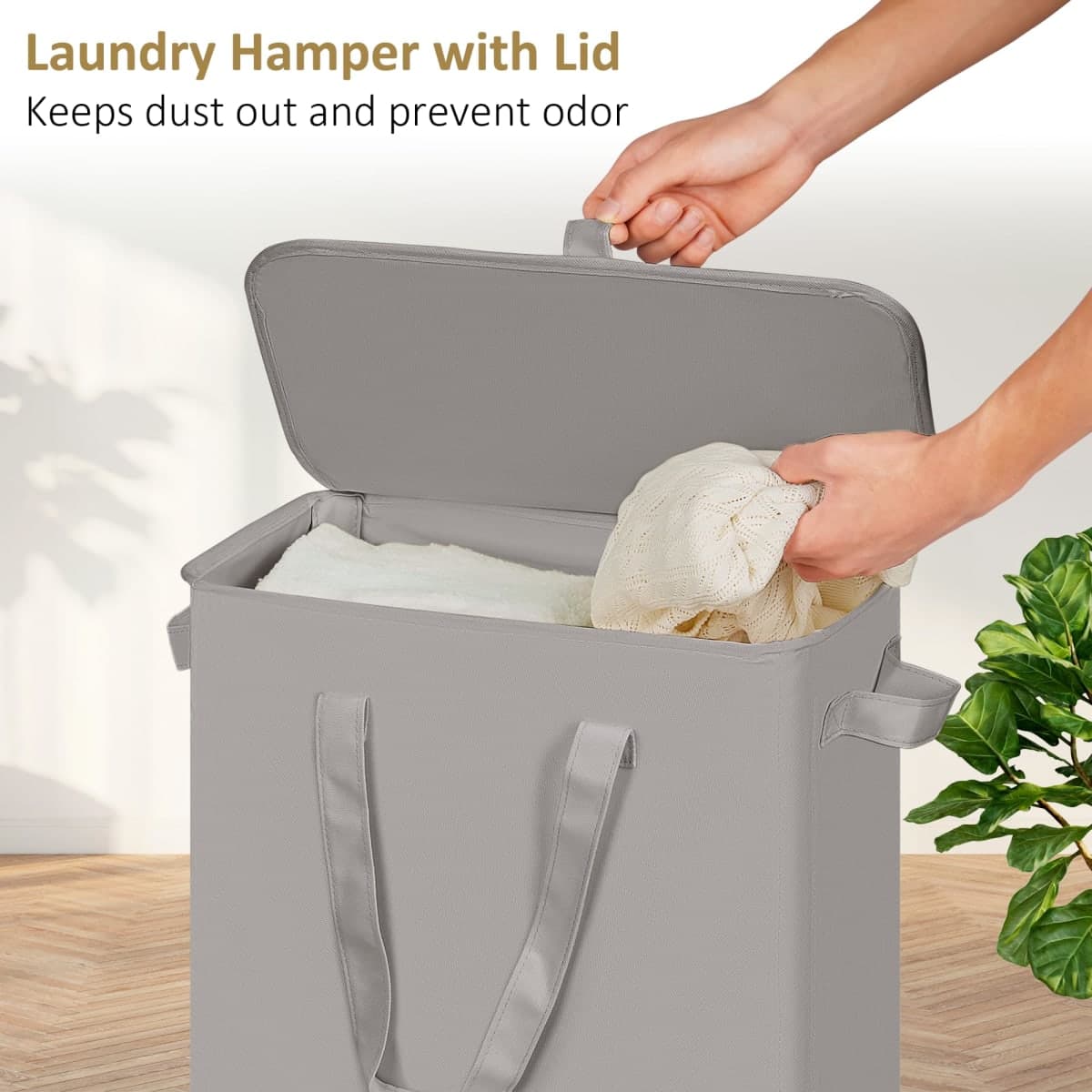 efluky Slim Laundry Basket with Lid, Narrow Laundry Hamper with Handles, Collapsible Dirty Clothes Hamper, Tall Laundry Bin for Laundry Room, Dorm and Bedroom, 55L Grey thumbnail 3
