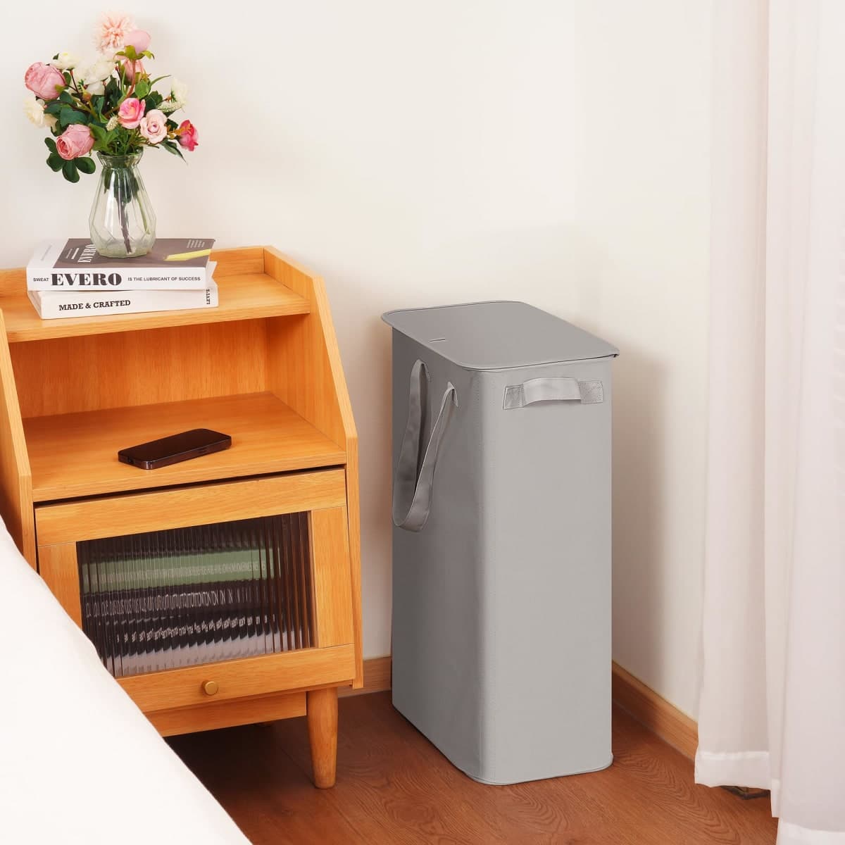 efluky Slim Laundry Basket with Lid, Narrow Laundry Hamper with Handles, Collapsible Dirty Clothes Hamper, Tall Laundry Bin for Laundry Room, Dorm and Bedroom, 55L Grey thumbnail 5