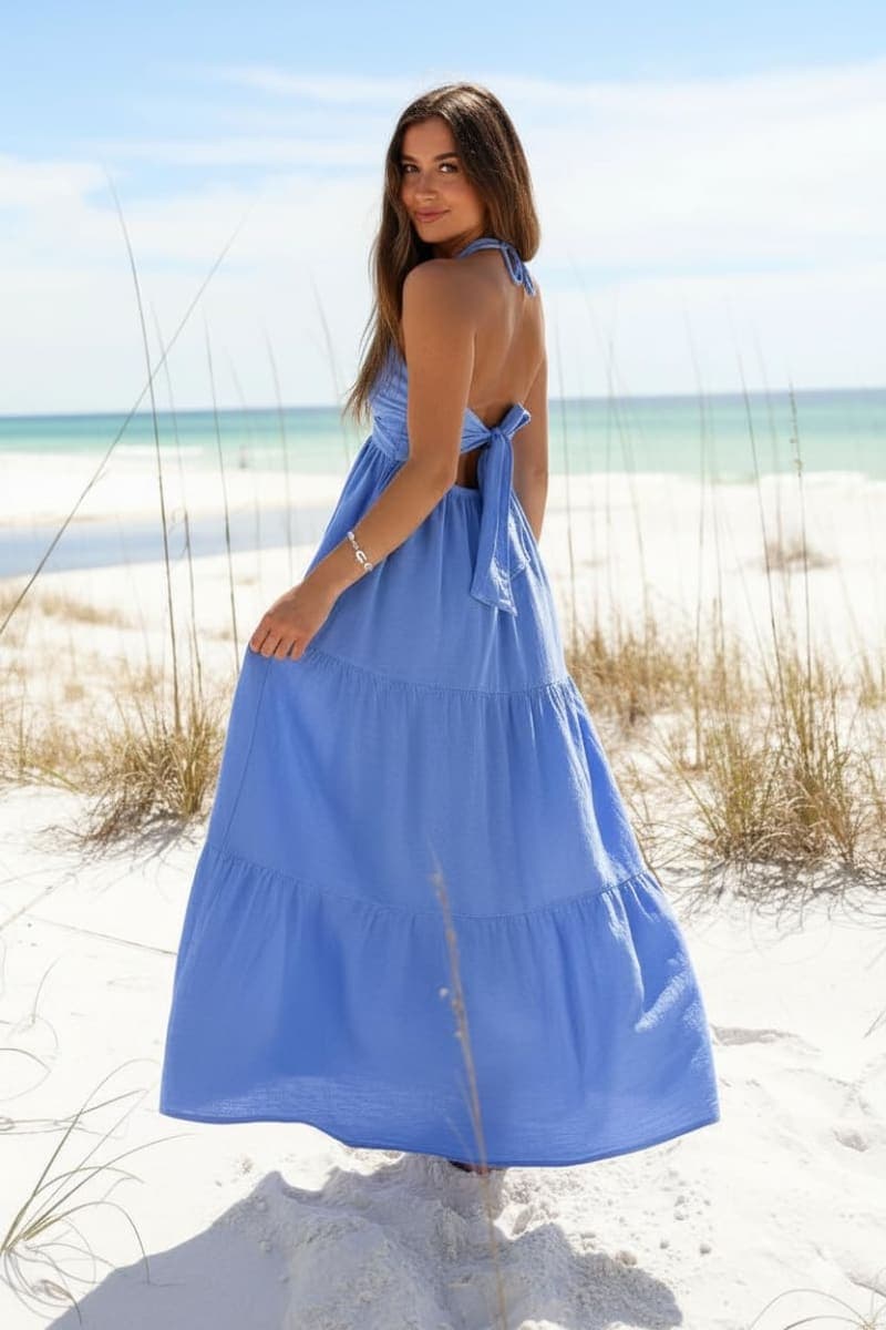 Amysister Women's Casual Halter Tiered Vacation Maxi Dress with Pockets, Azure, Small thumbnail 3