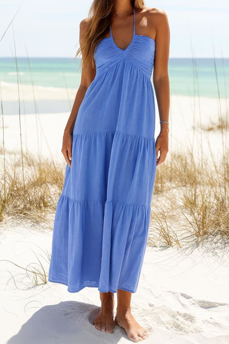 Amysister Women's Casual Halter Tiered Vacation Maxi Dress with Pockets, Azure, Small thumbnail 5