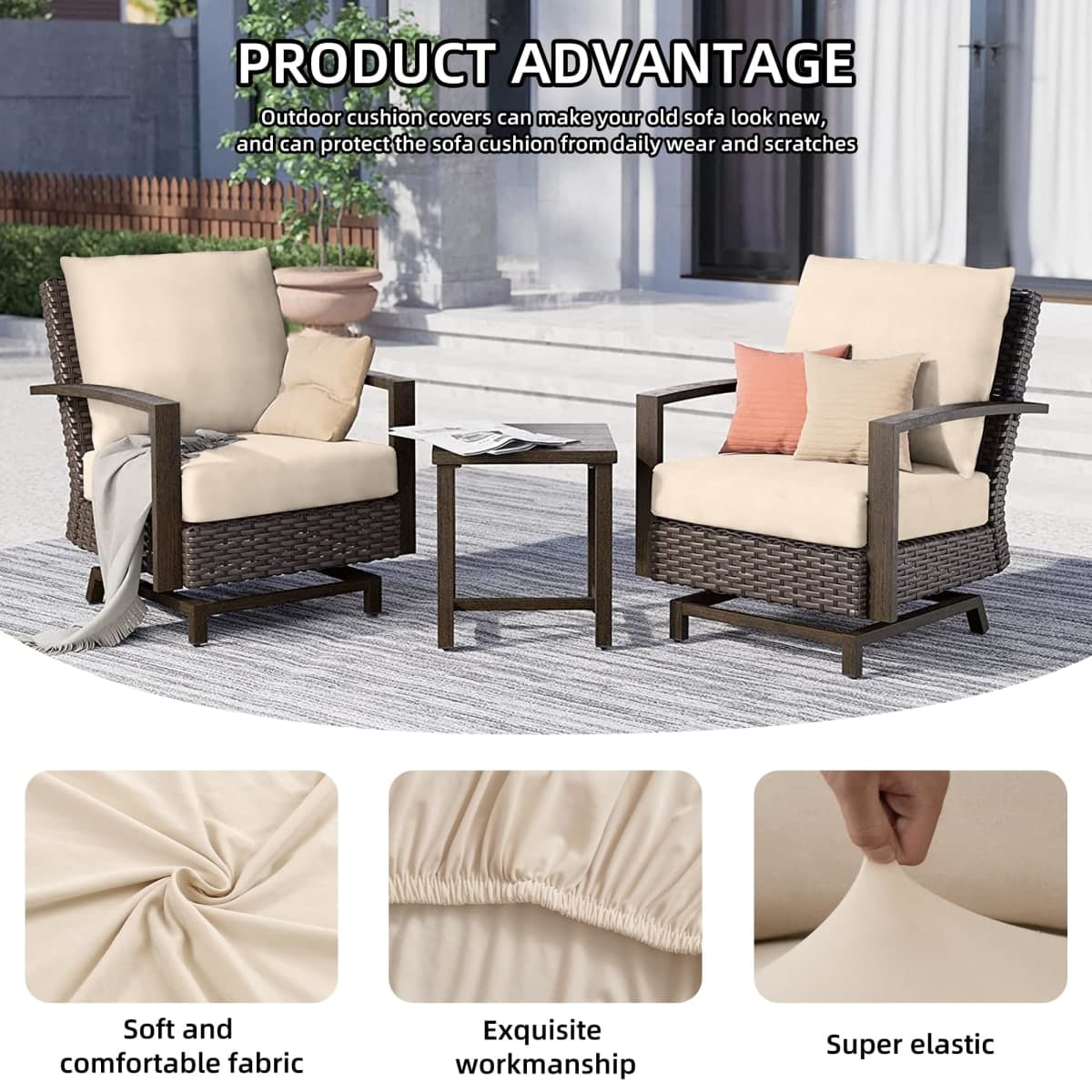 DREAHOTEXTIL 14Pcs Outdoor Cushions Covers Waterproof, Patio Cushion Covers, Stretch Cushion Covers Replacement,Cushion Slipcovers, Furniture Cushion Covers (Beige 2, 14PCS) thumbnail 3