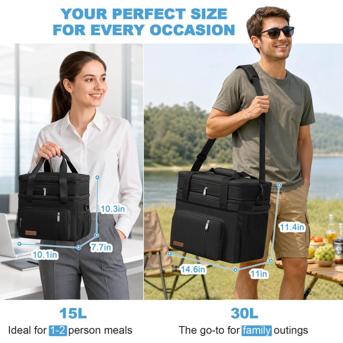 MIYCOO 15L Double Decker Insulated Lunch Bag for Men Women, Large Leakproof Cooler Tote for Work, Picnic, Beach & Travel (Black) thumbnail 2