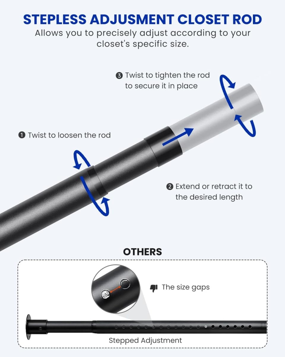 Closet Rods for Hanging Clothes, 17 to 129 Inches Stepless Adjustable Metal Closet Rod, 1.3 Inches Heavy Duty Clothes Hanging Rod for Closet Wardrobes Laundry RV thumbnail 2