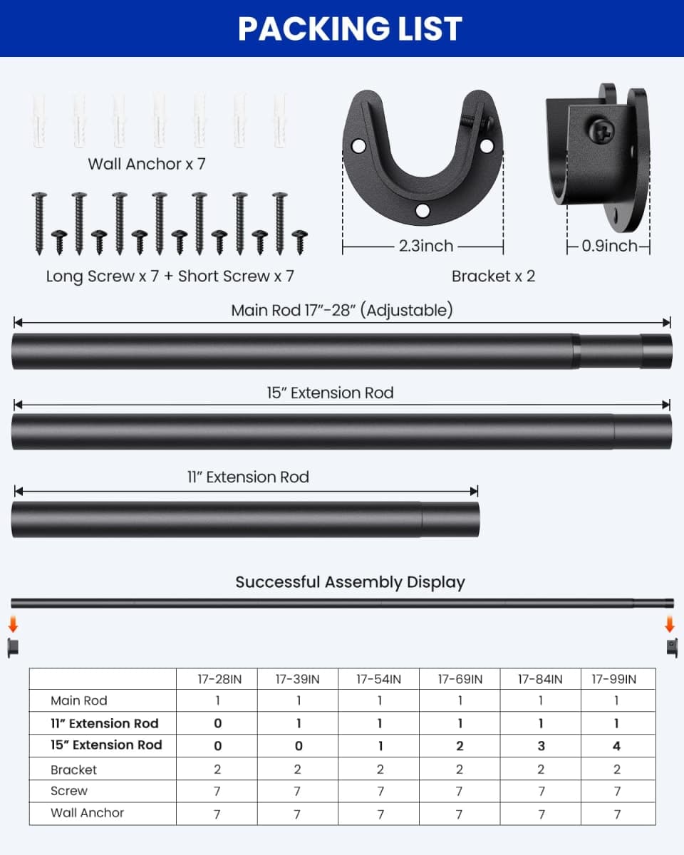 Closet Rods for Hanging Clothes, 17 to 129 Inches Stepless Adjustable Metal Closet Rod, 1.3 Inches Heavy Duty Clothes Hanging Rod for Closet Wardrobes Laundry RV thumbnail 5