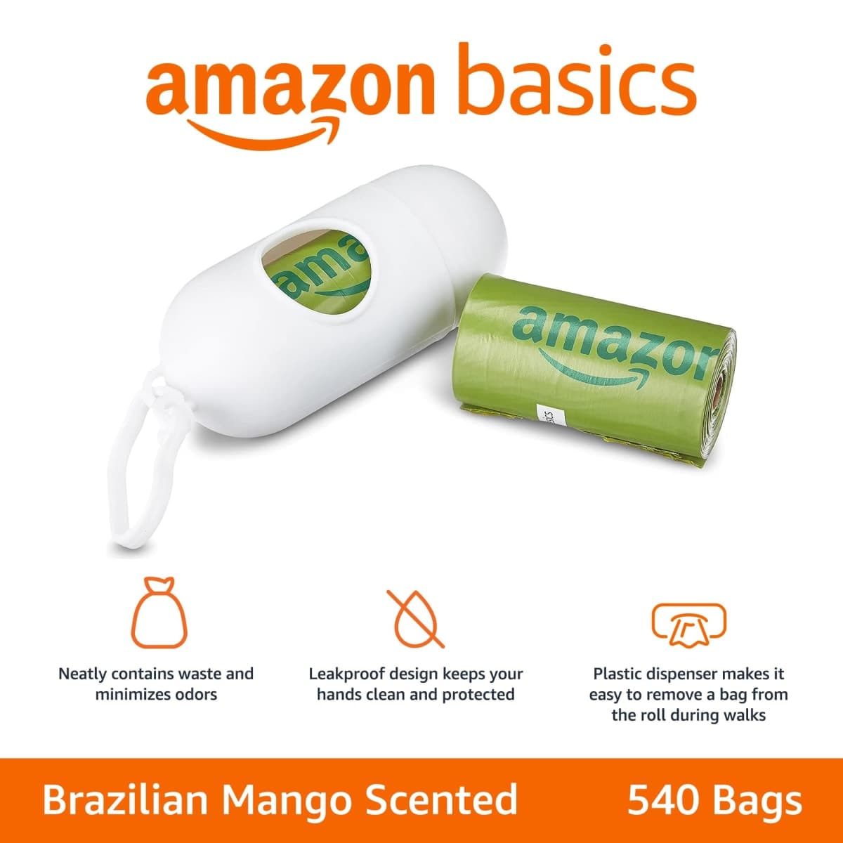 Amazon Basics Dog Poop Bags with Dispenser, 540 Count, Enhanced for Guaranteed Leakproof, Brazilian Mango Scented, Includes Leash Clip thumbnail 2