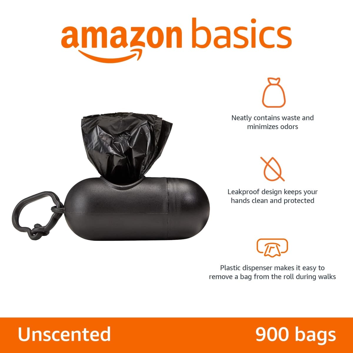 Amazon Basics Dog Poop Bags with Dispenser, 900 Count, Enhanced for Guaranteed Leakproof, Unscented, Includes Leash Clip thumbnail 2