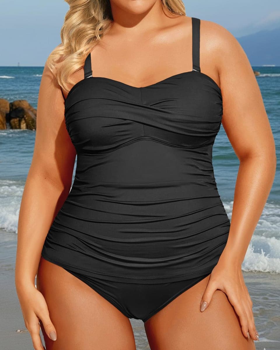 Aqua Eve Women Two Piece Plus Size Tankini - Strapless Bandeau Swimsuit, Orange Floral, 20 Plus thumbnail 3
