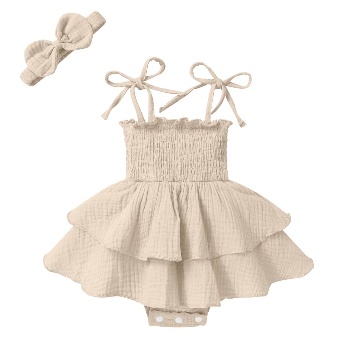 YOUNGER TREE Baby Girl Clothes Infant Summer Romper Dress Sleeveless Bodysuit Jumpsuit with Headband Toddler Outfits, Apricot, 12-18 Months — image 1