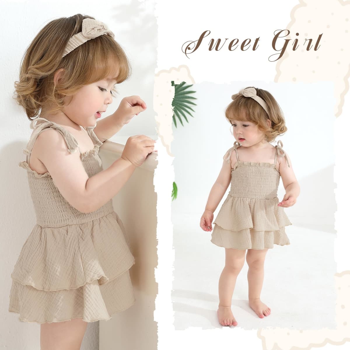 YOUNGER TREE Baby Girl Clothes Infant Summer Romper Dress Sleeveless Bodysuit Jumpsuit with Headband Toddler Outfits, Apricot, 12-18 Months thumbnail 2
