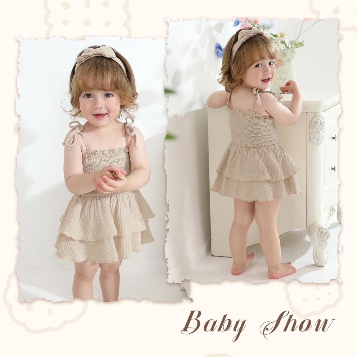 YOUNGER TREE Baby Girl Clothes Infant Summer Romper Dress Sleeveless Bodysuit Jumpsuit with Headband Toddler Outfits, Apricot, 12-18 Months thumbnail 3