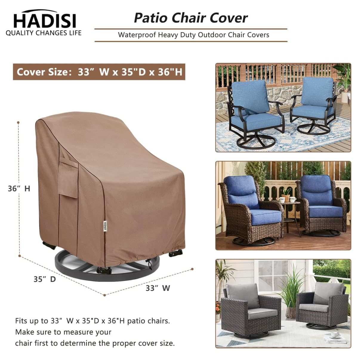 Hadisi Patio Swivel Chair Covers,Patio Chair Covers,All-Weather Heavy Duty and Waterproof Outdoor Lawn Patio Furniture Covers(33"W x35"D x36"H-Brown) thumbnail 3