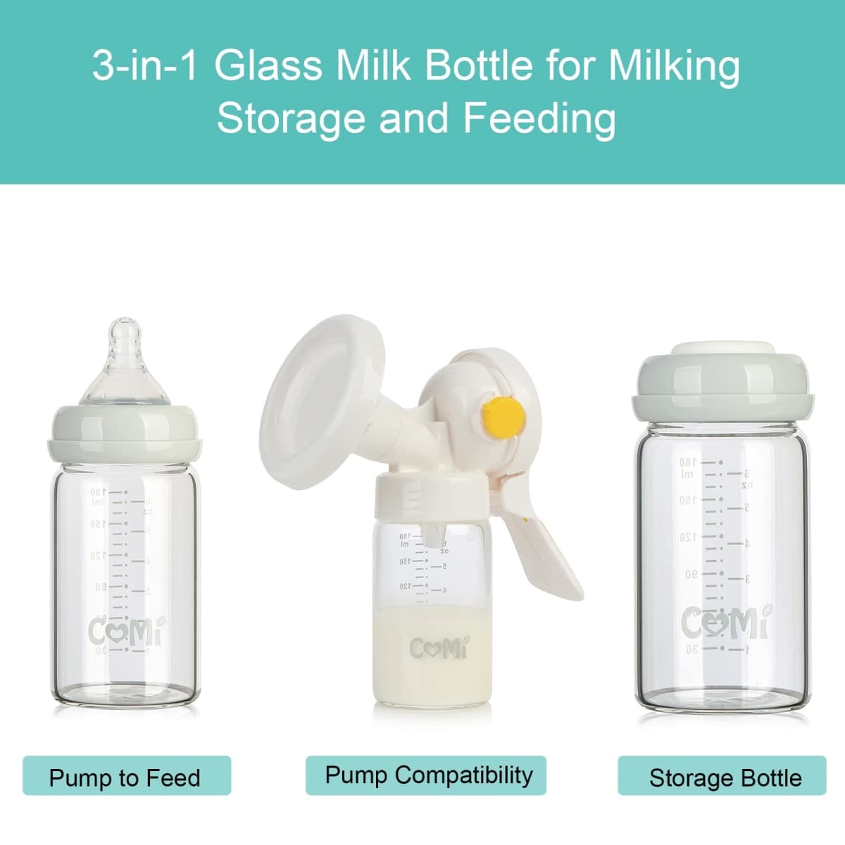 COMI Wide Neck Glass Breastmilk Collection n Storage Bottle, 4 Packs, 6oz with Screw Ring Sealing Disk; Re-markable Sealing Disc. BPA Free, Fits Breast Pumps & Nipples (2 Gray Lids + 2 Pink Lids) thumbnail 2
