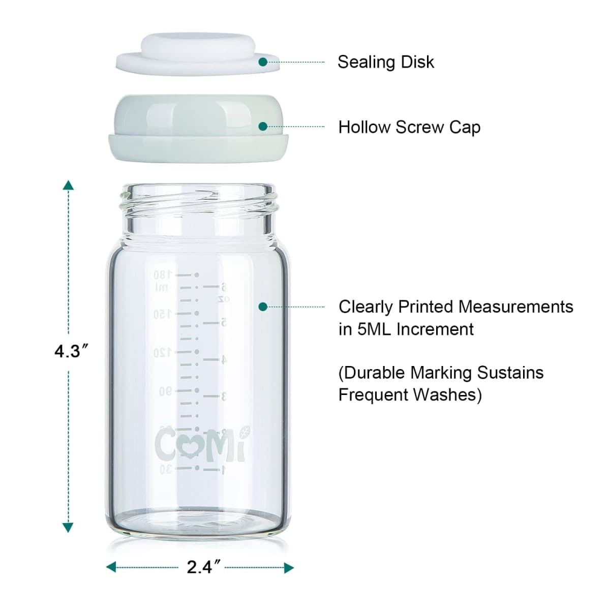 COMI Wide Neck Glass Breastmilk Collection n Storage Bottle, 4 Packs, 6oz with Screw Ring Sealing Disk; Re-markable Sealing Disc. BPA Free, Fits Breast Pumps & Nipples (2 Gray Lids + 2 Pink Lids) thumbnail 3