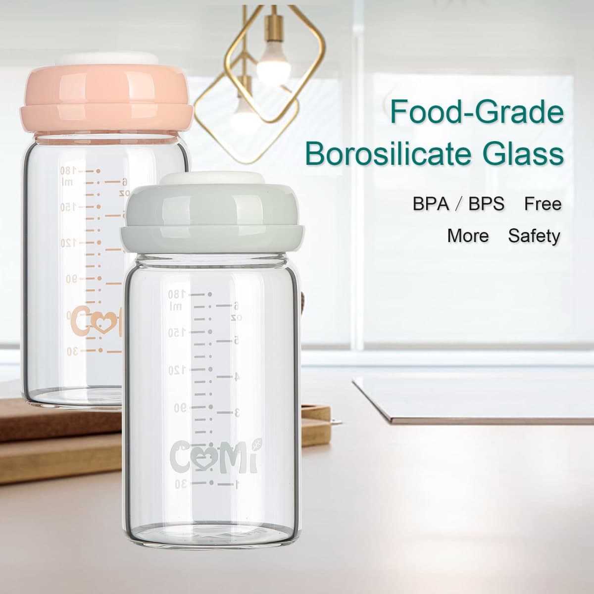 COMI Wide Neck Glass Breastmilk Collection n Storage Bottle, 4 Packs, 6oz with Screw Ring Sealing Disk; Re-markable Sealing Disc. BPA Free, Fits Breast Pumps & Nipples (2 Gray Lids + 2 Pink Lids) thumbnail 4