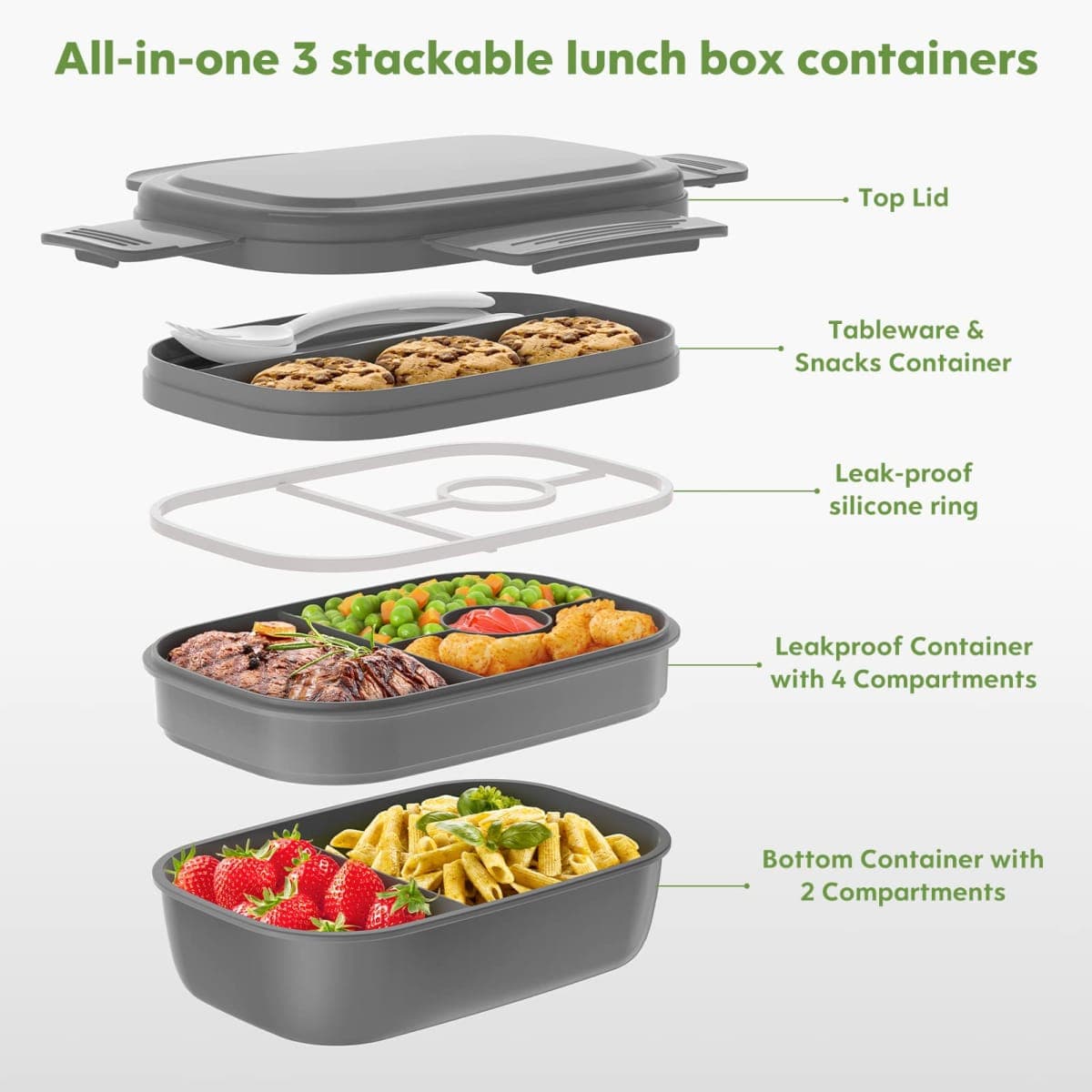HOMETALL Bento Box Adult Lunch Box,3 Stackable Bento Lunch Containers for Adults/Kids, Modern Minimalist Design Bento Box with Utensil Set, Leak-Proof Lunchbox for Dining Out, Work, Picnic, School thumbnail 4